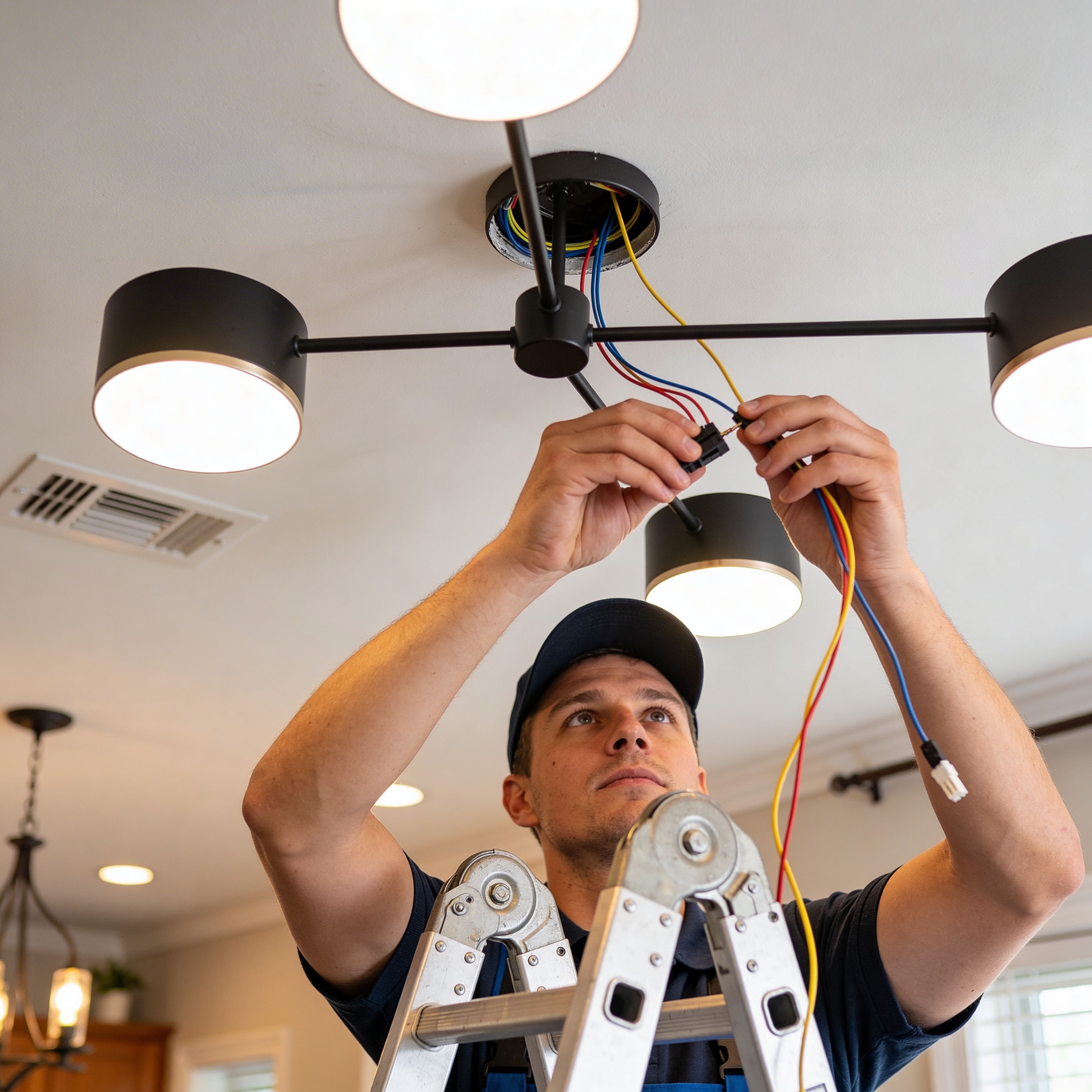 Electrician on ladder wiring modern multi-arm ceiling light fixture during home installation