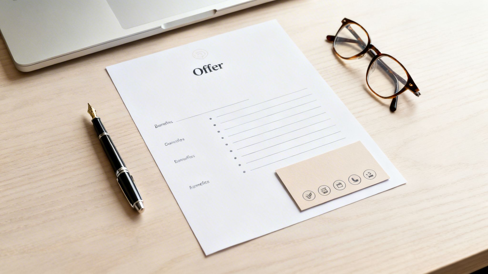Una carta de oferta en un escritorio de madera clara con un bolígrafo, gafas y un portátil.