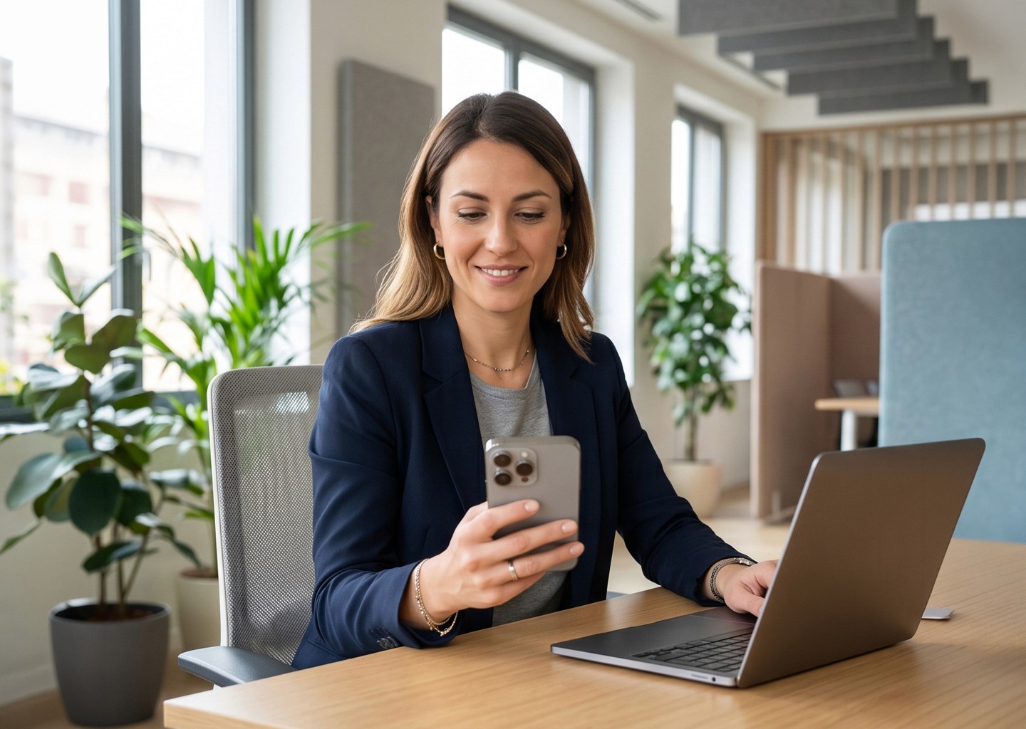 Responsabile HR sorridente in ufficio mentre consulta la gestione presenze e i cedolini digitali dal proprio smartphone e laptop.