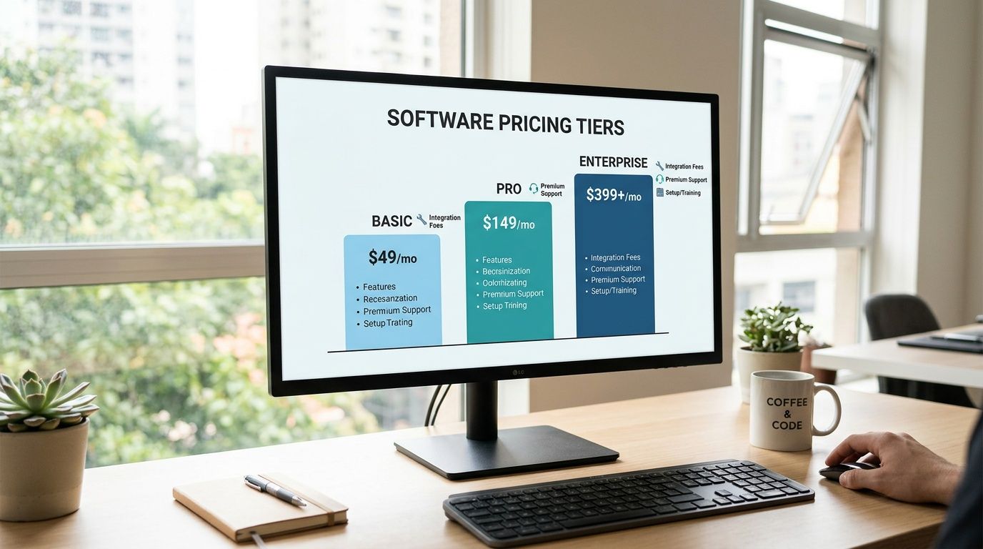 A computer monitor displaying software pricing tiers for Basic, Pro, and Enterprise subscription plans on a desk.