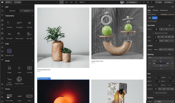Configuración de producto en el CMS de Webflow con imágenes.