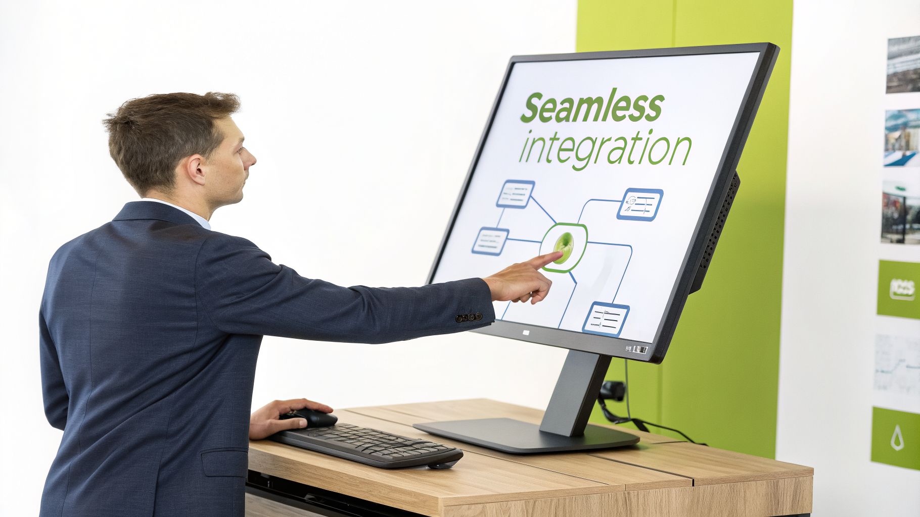 Professional man in a suit pointing at a large touch screen displaying a