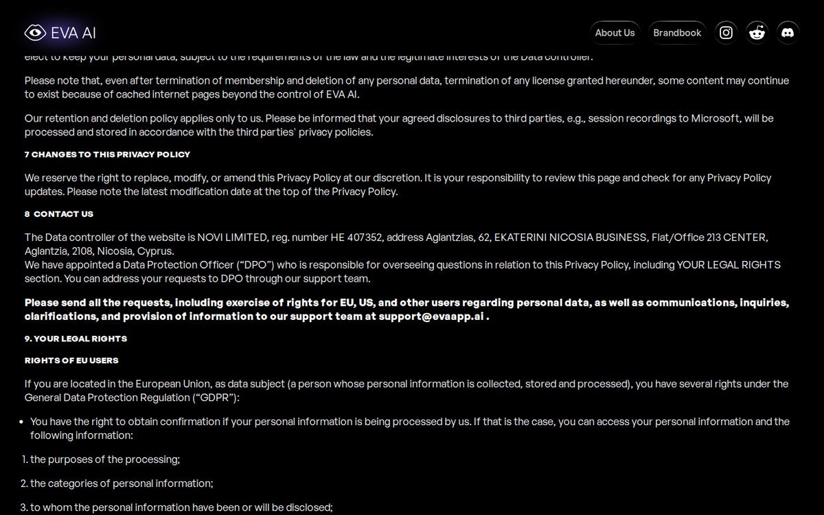 Eva AI’s privacy policy, which lists text and voice messages among collected data and names the advertising partners it shares with, September 2026.