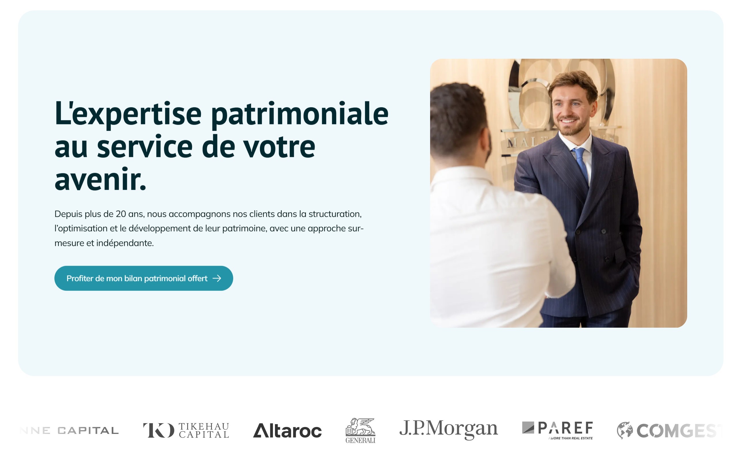 section hero à propos site rivaria capital