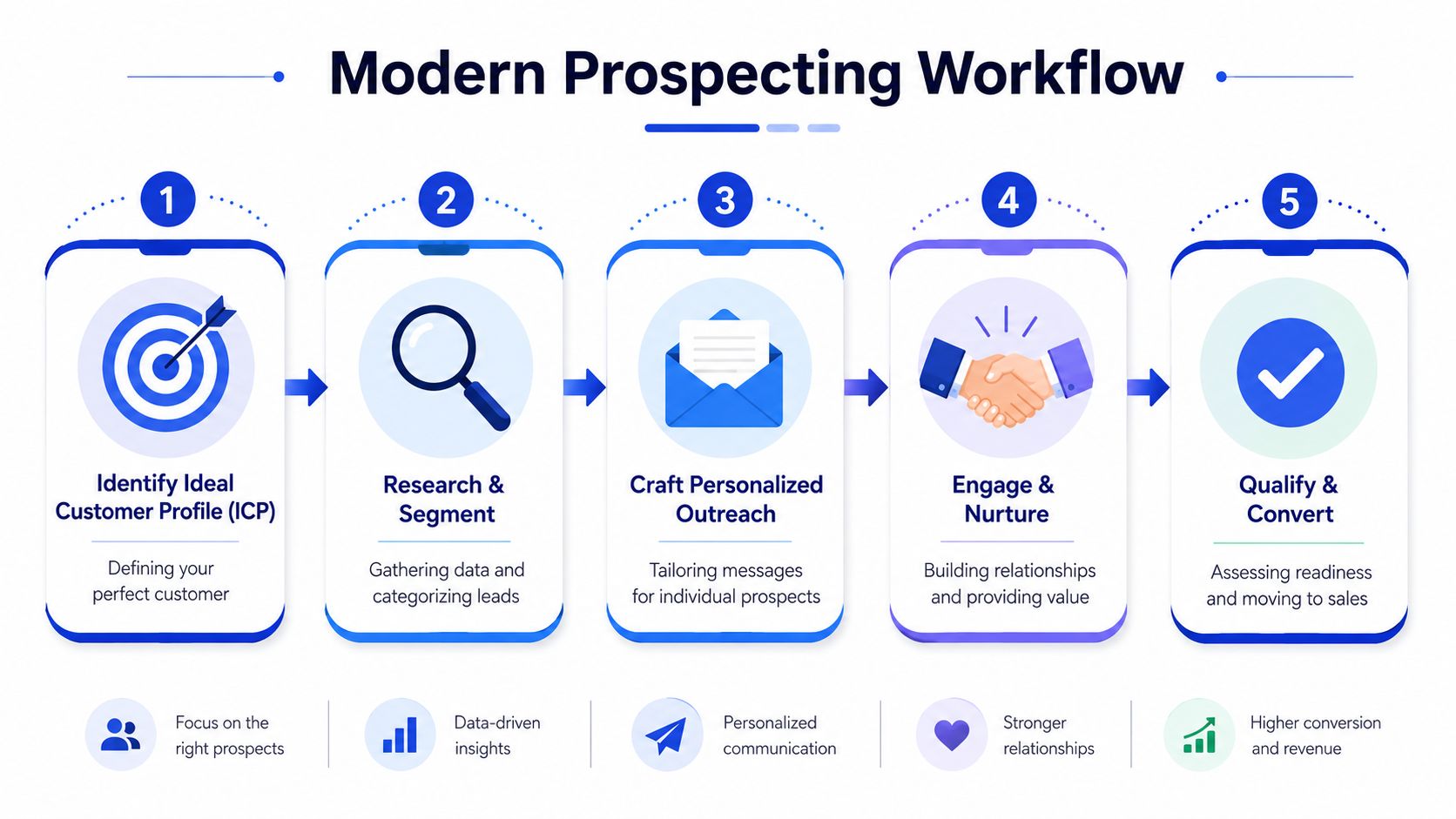 A five-step infographic illustrating a modern sales prospecting workflow for identifying, researching, and converting leads effectively.