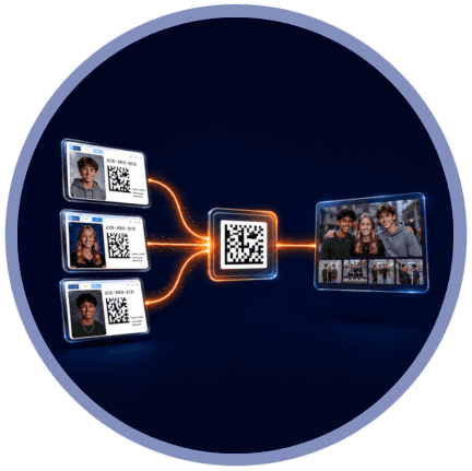 Three Snapizzi Paperless Camera Cards combining into one pinned Data Matrix code to share photos between subject galleries.