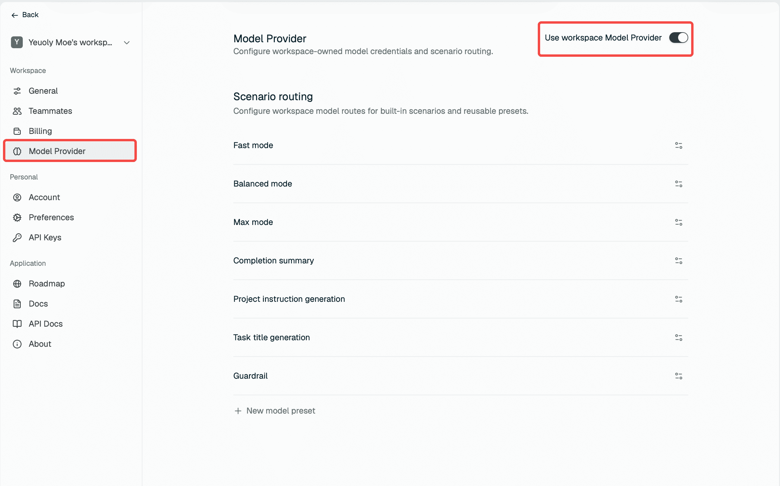 Screenshot: Settings sidebar showing Model Provider entry