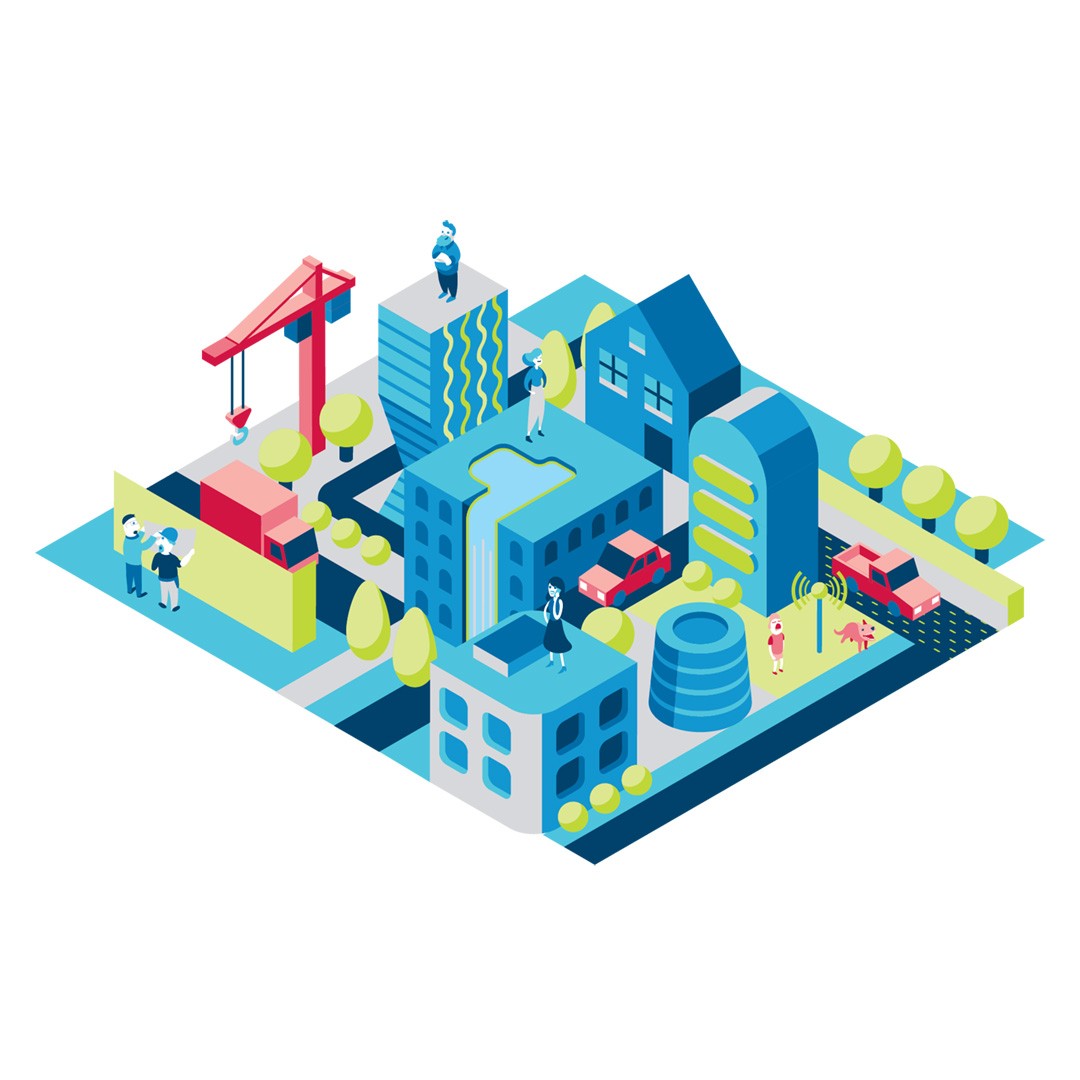 Isometric illustration of a small city with a simplified design and reduced color palette.
