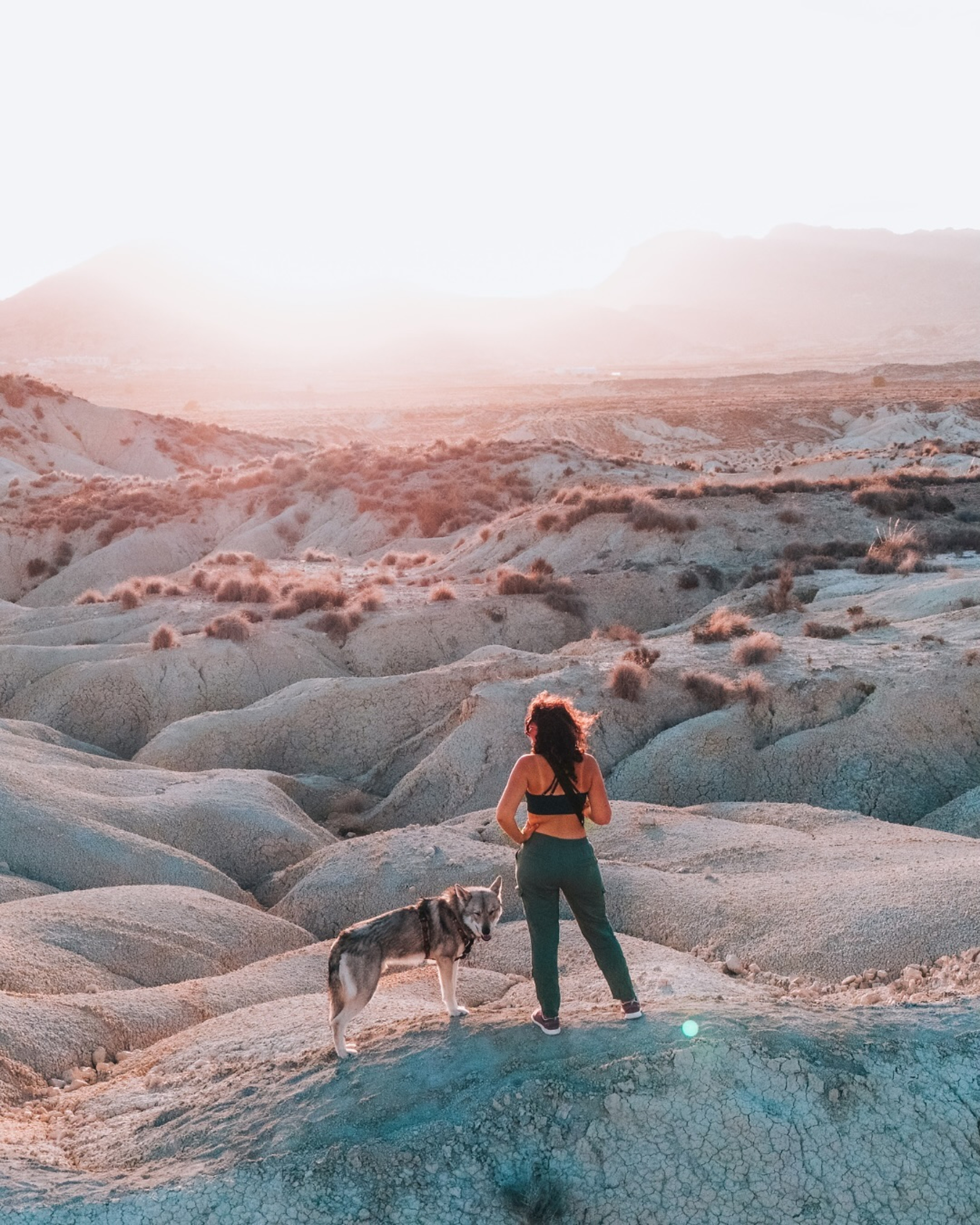 Polarsteps traveler Pauline stands looking out over an expanse of sand dunes with her dog Sanka at her side