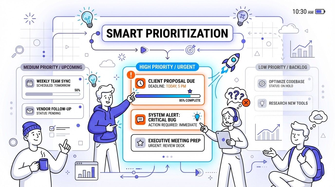 An infographic visualizing smart prioritization on a digital dashboard, showing urgent tasks highlighted in bright colors and less important items subtly dimmed.