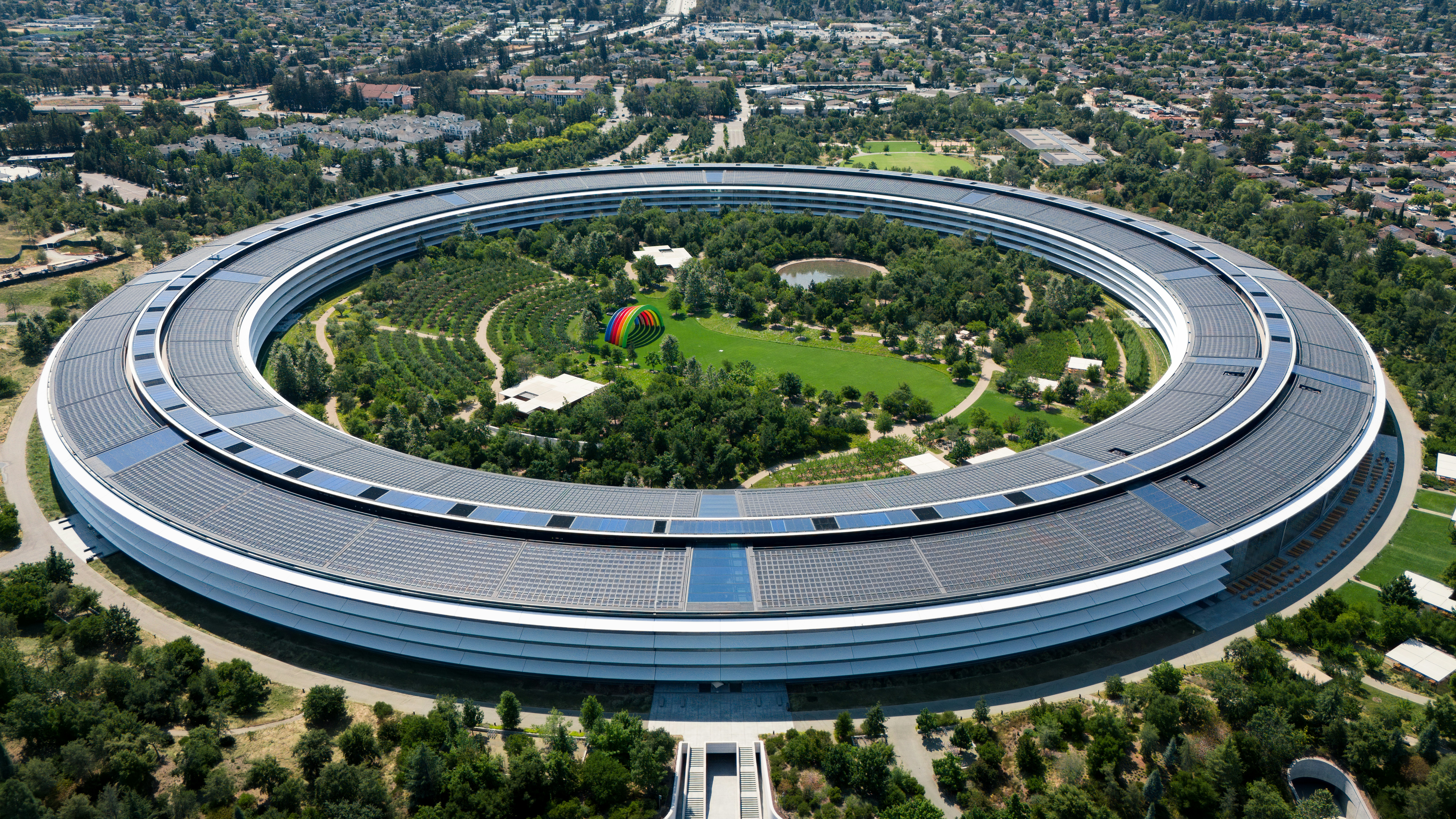 Aerial view of Apple Park's circular headquarters building with central courtyard