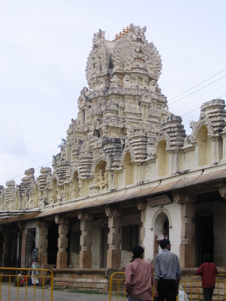 The Gopuram of Cheluva Narayan Temple at Melukote and the pillared hall below.