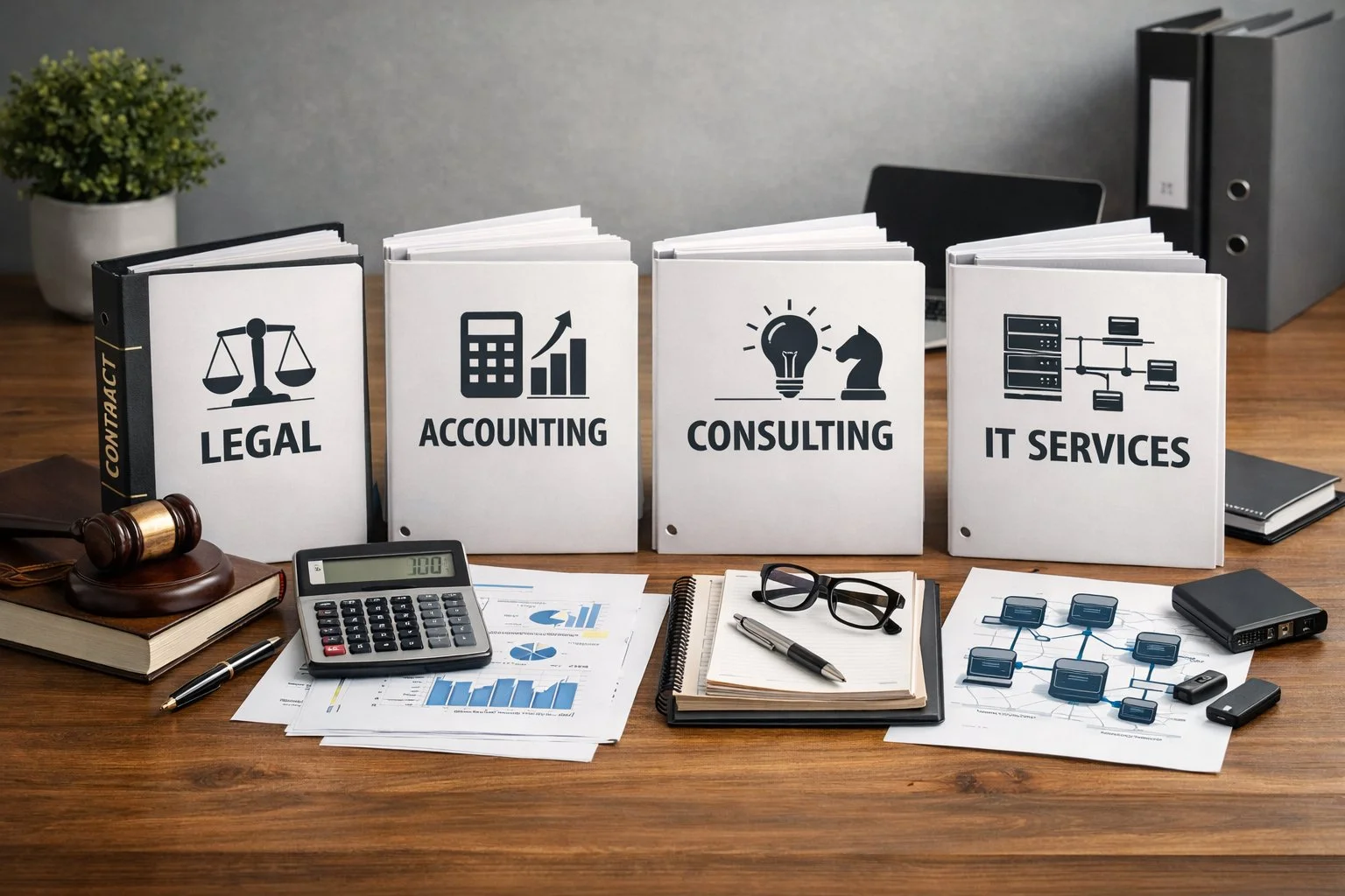 Realistic office scene with documents labeled legal, accounting, consulting, and IT, accompanied by icons and tools like a calculator, contract folder, and server diagram.