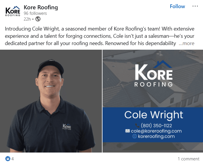 linkedin post of a roofing company