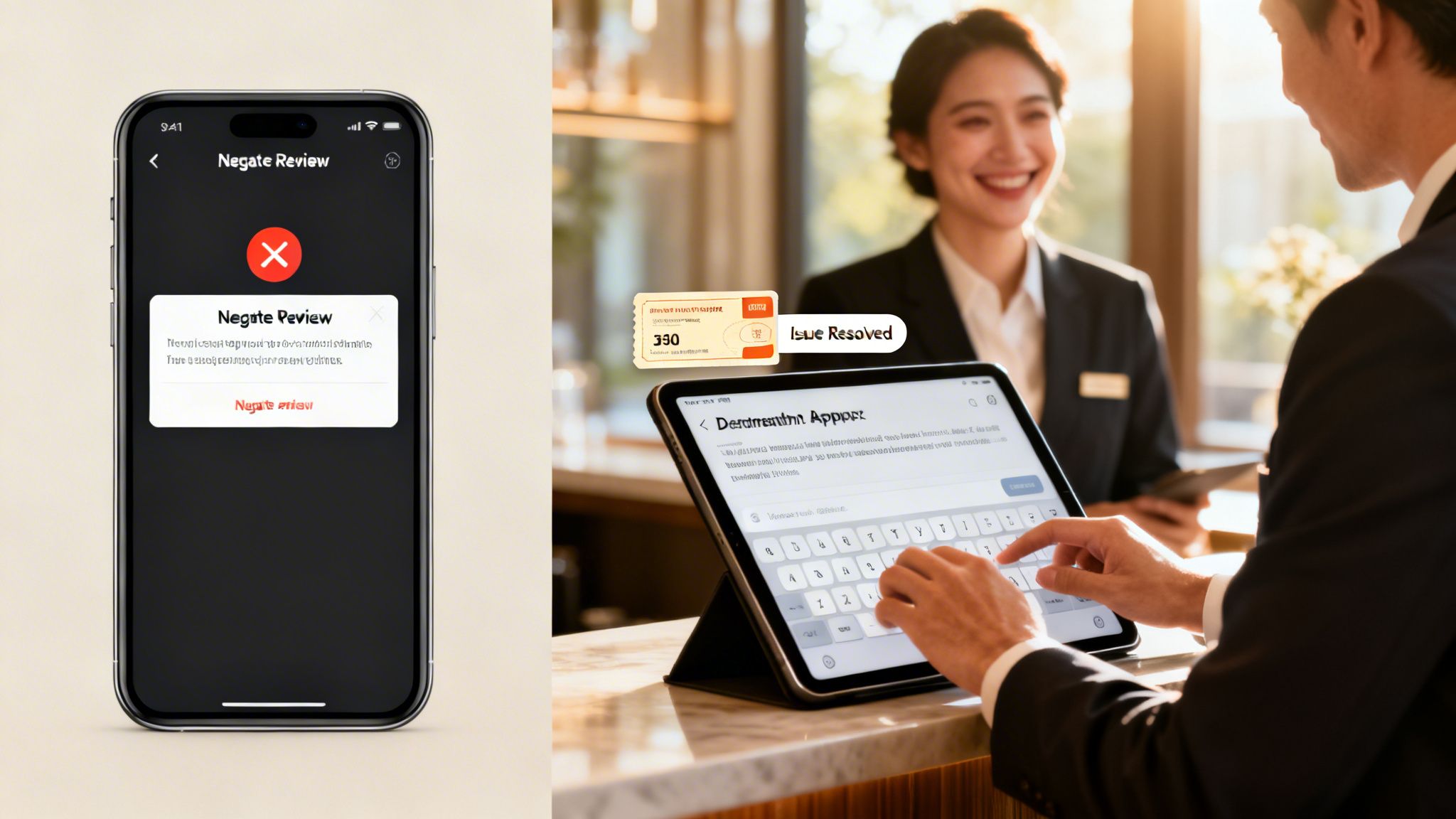 A man types on a tablet while a smiling woman stands behind him, and a phone displays a 'Negate Review' prompt.