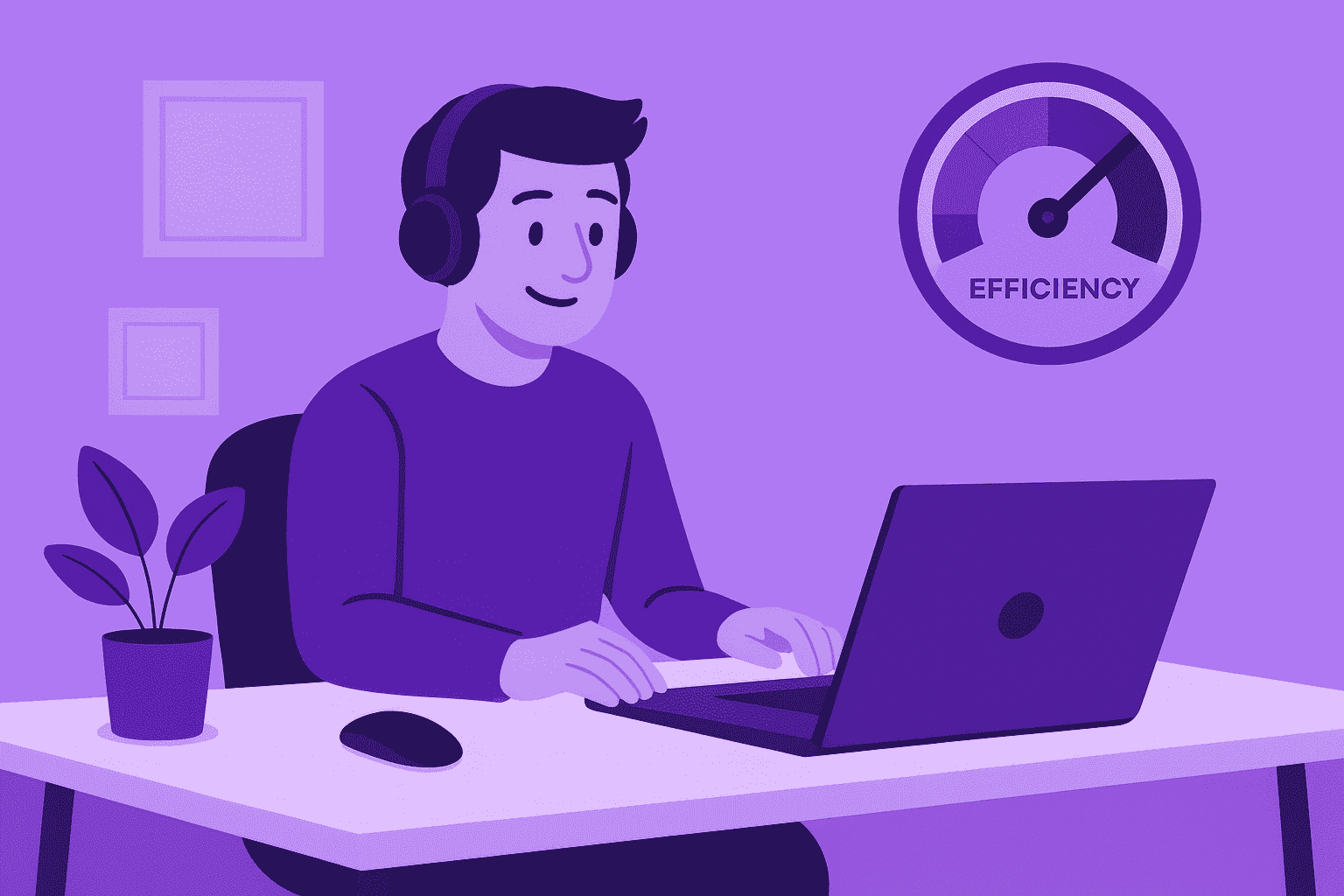 Flat-style digital illustration showing a remote worker sitting at a desk with a fully filled efficiency meter behind them, symbolizing maximum productivity and focus.