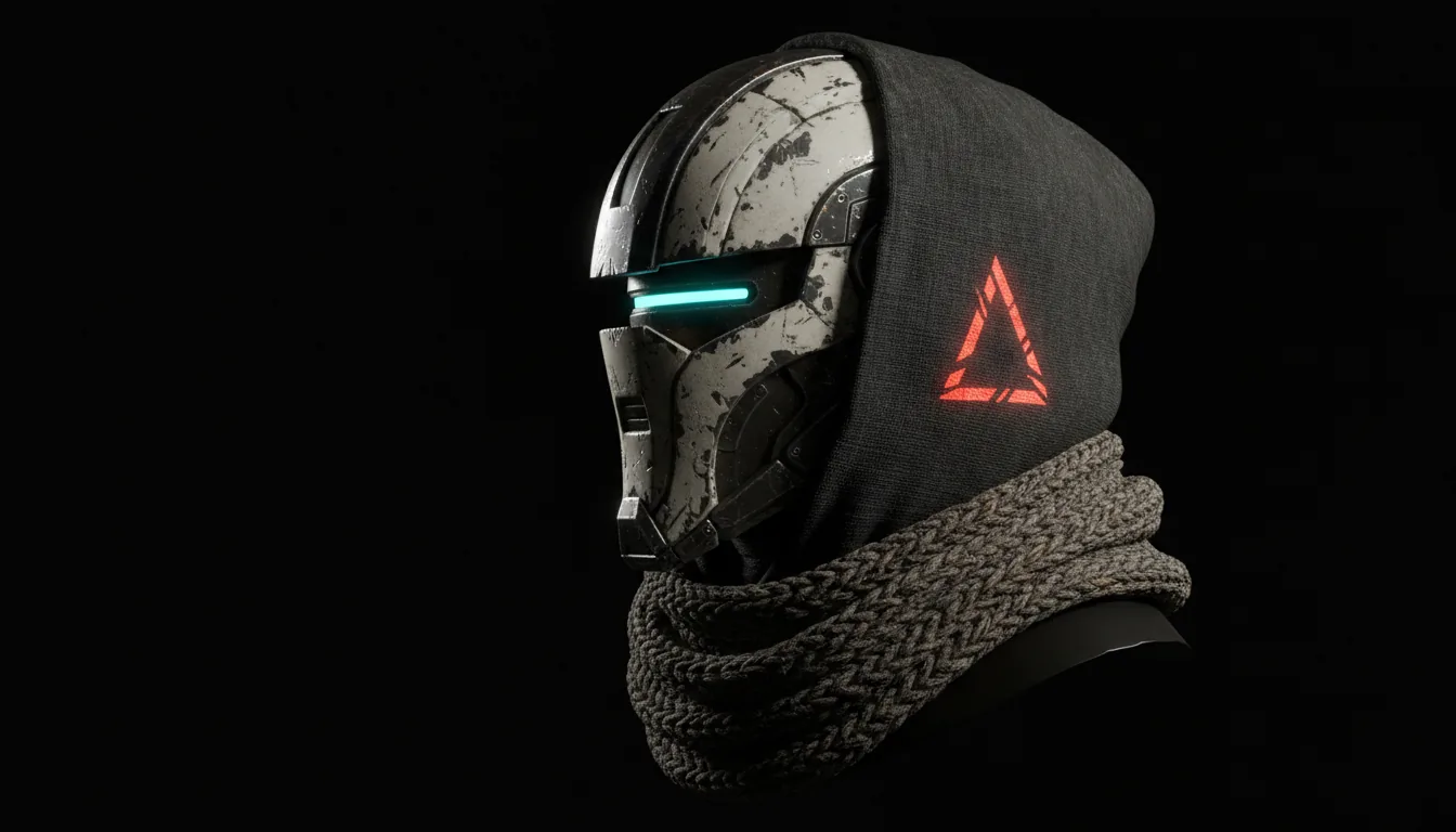 A hyperrealistic 3D render of a futuristic robotic helmet in profile view, created in Autodesk Maya style. The helmet is made of weathered off-white and dark metallic plates with visible scratches and chipped paint, featuring a single glowing cyan optic eye. It is shrouded in a dark, matte fabric hood with a red-orange geometric insignia on the side, and a coarse, woven scarf is wrapped around the neck. The scene is lit with dramatic studio lighting from the side, casting deep shadows against a pure black studio backdrop.