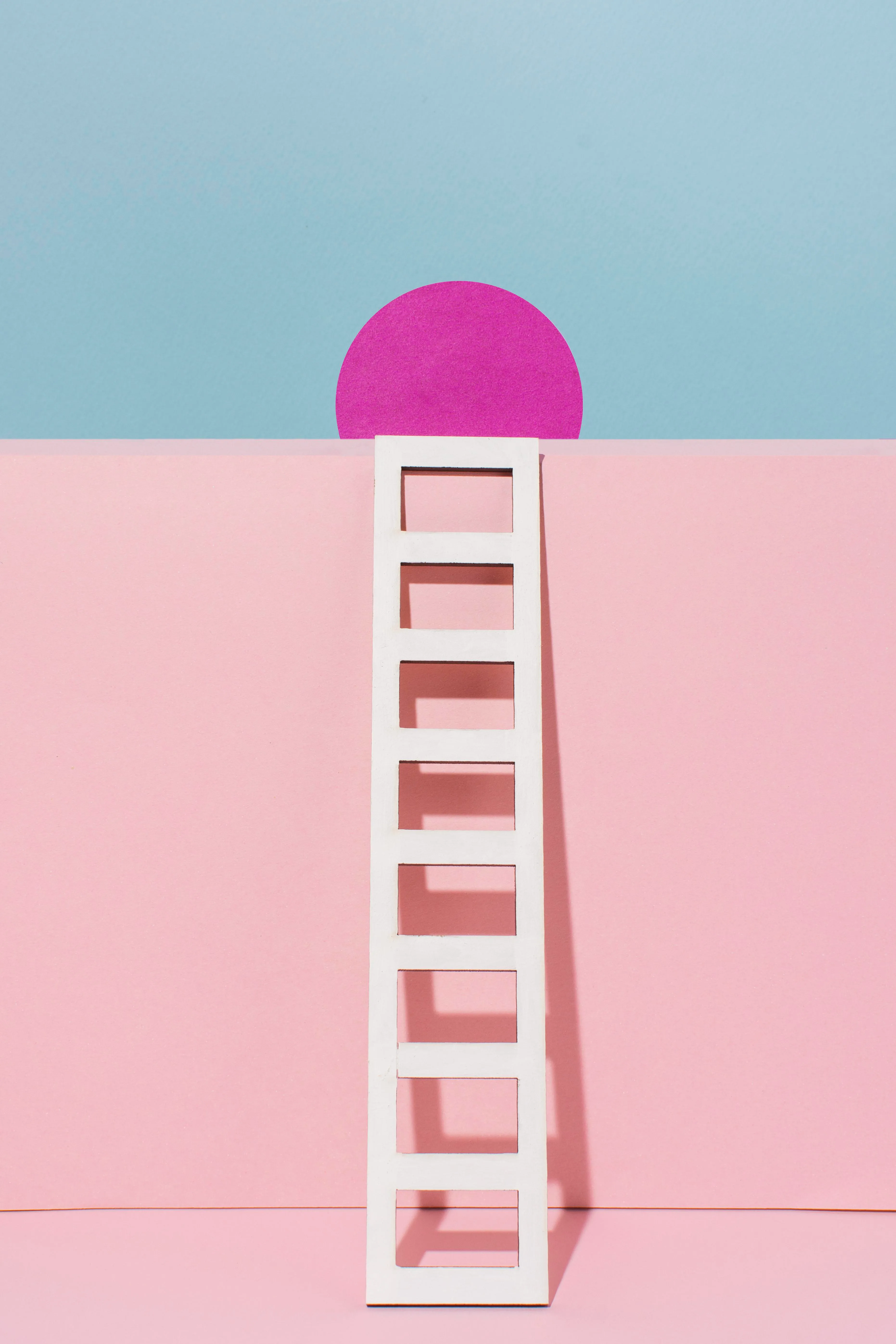 White ladder leaning against a pink wall beneath a magenta circle