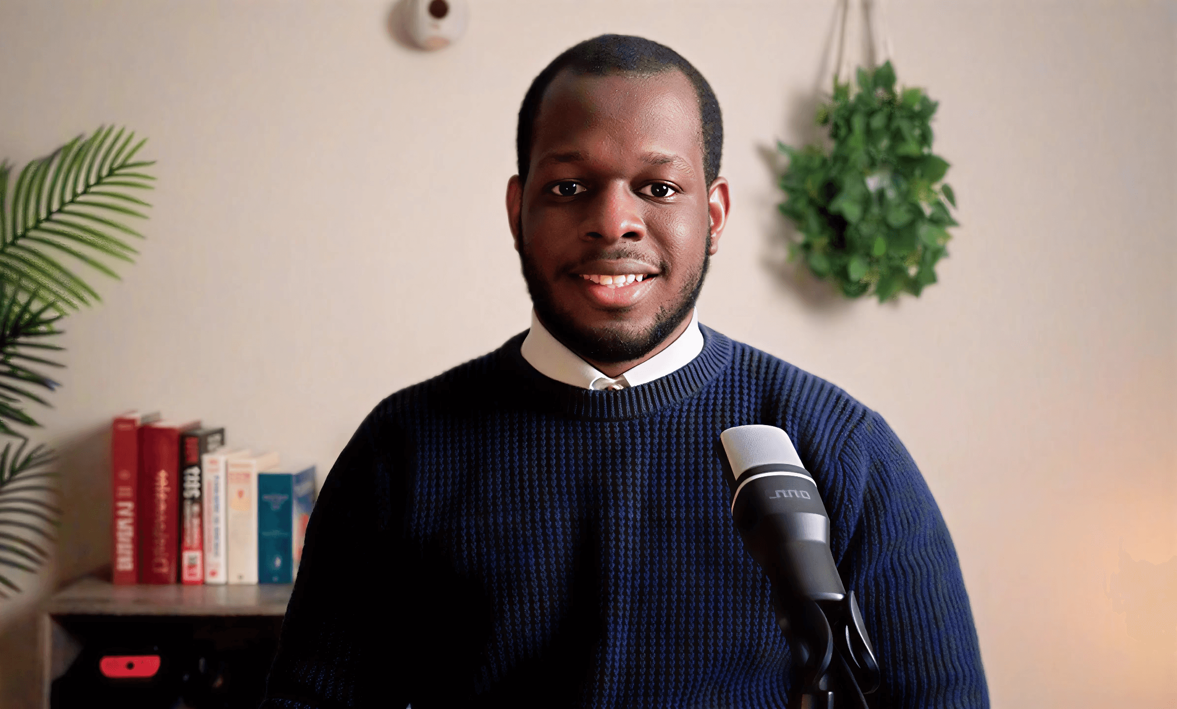 Man smiling while speaking into a microphone in a home studio with books and plants in the background.