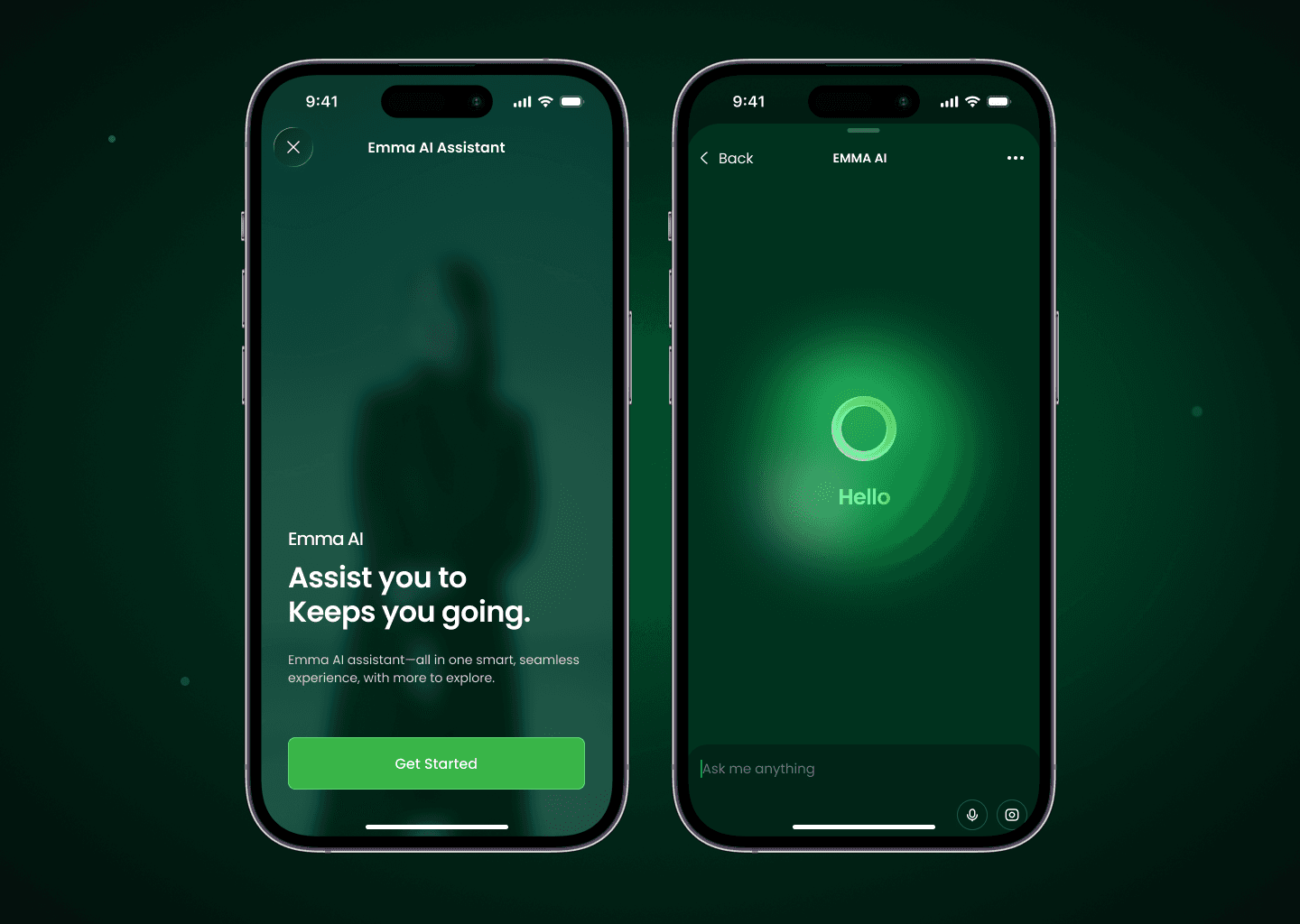 Emma AI mobile assistant showing its introductory screen and immersive AI conversation interface with a glowing green AI element.
