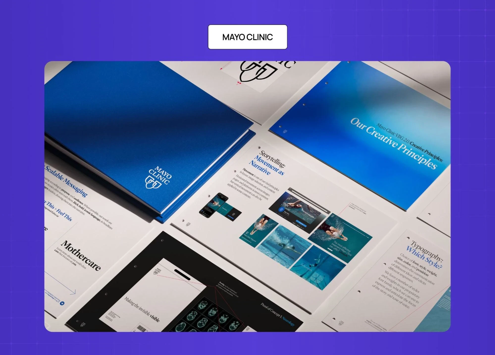 Mayo Clinic brand materials showcasing structured design system, editorial layouts, and healthcare storytelling visuals. 