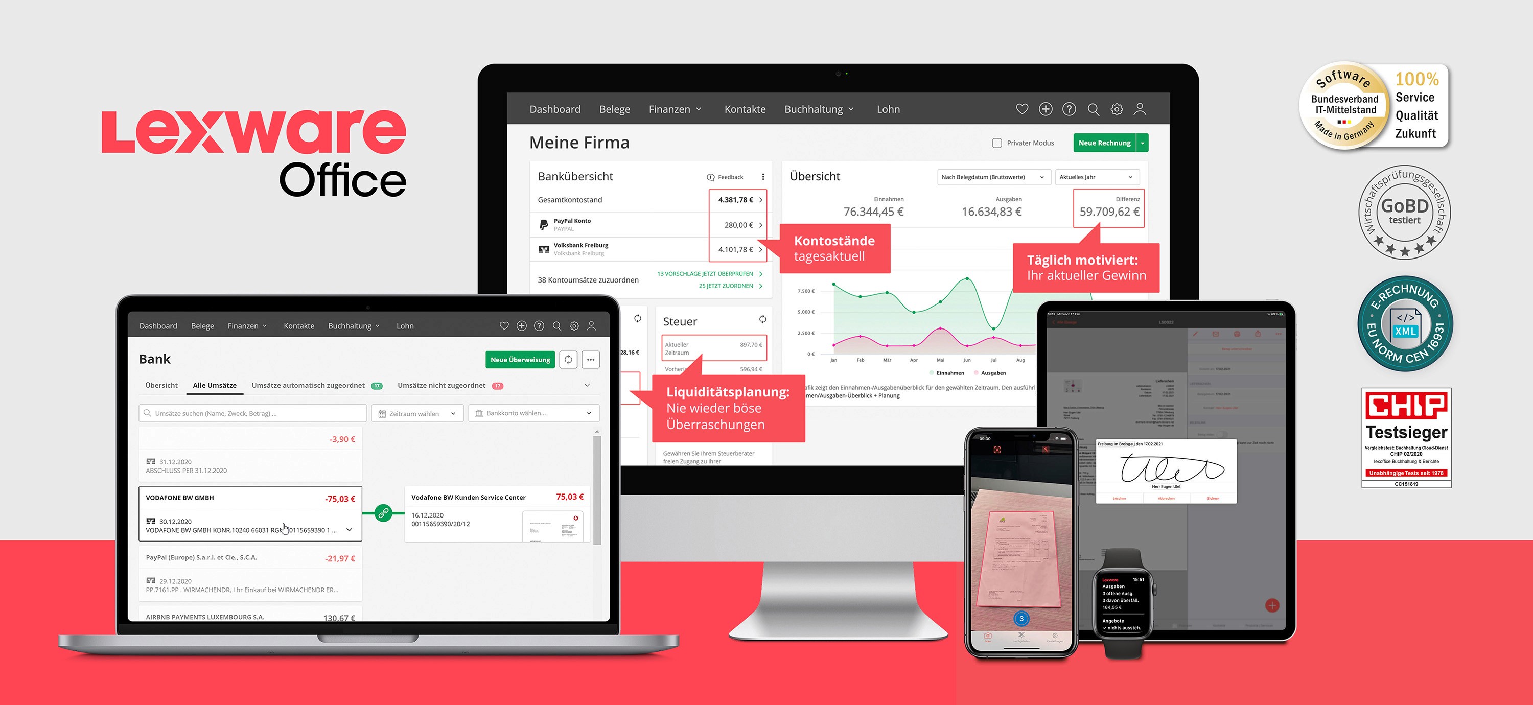 Ein übersichtliches Dashboard zeigt dir Einnahmen, Ausgaben und offene Posten auf einen Blick.