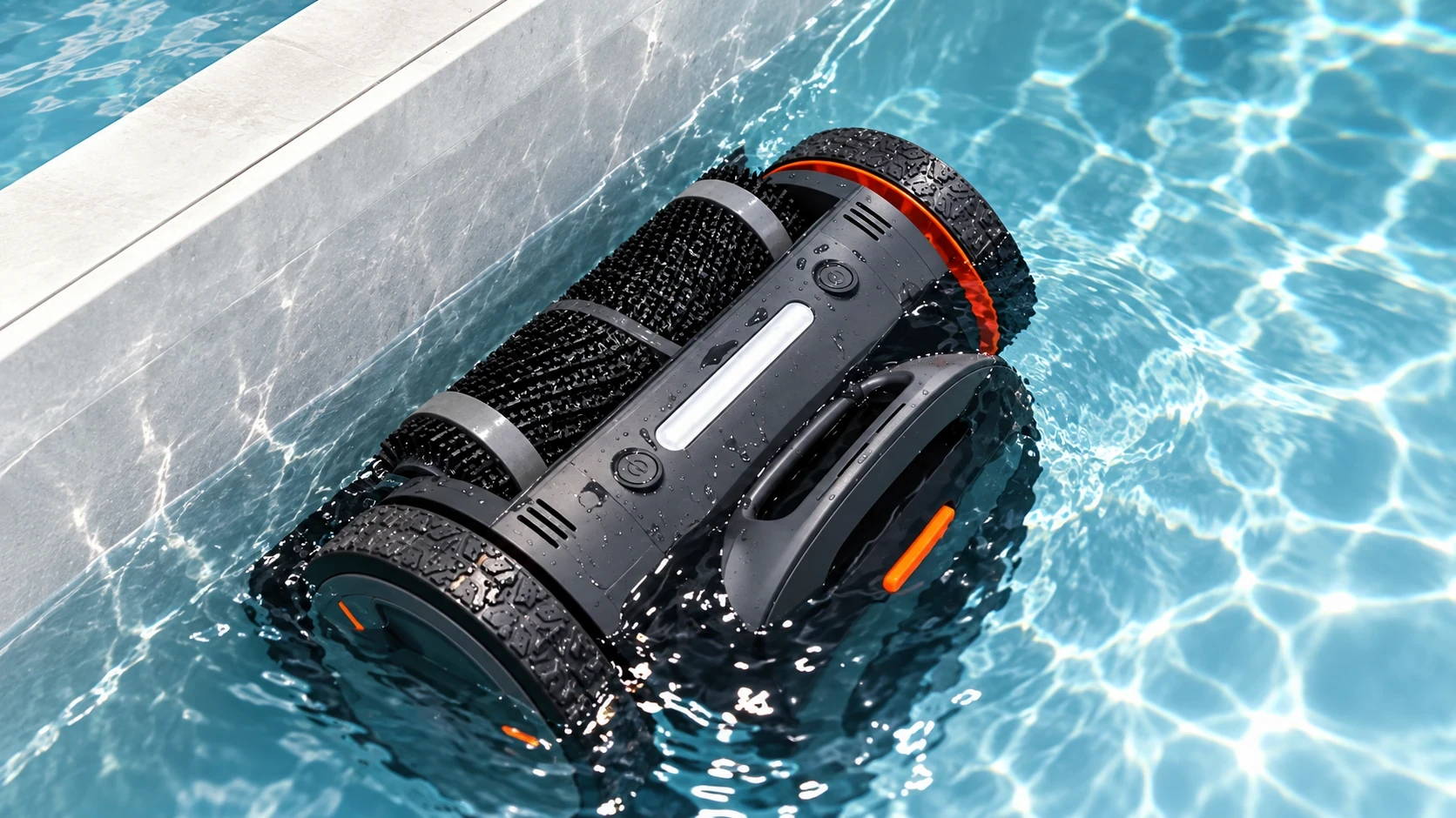 Robotic pool cleaner scrubbing and cleaning the swimming pool waterline