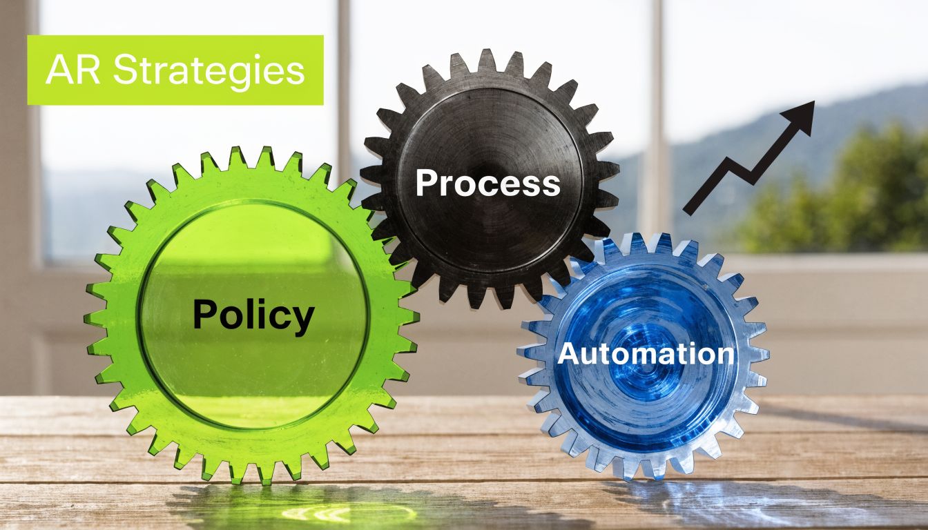 Three interlocked gears labeled Policy, Process, and Automation representing essential elements of accounts receivable strategies.