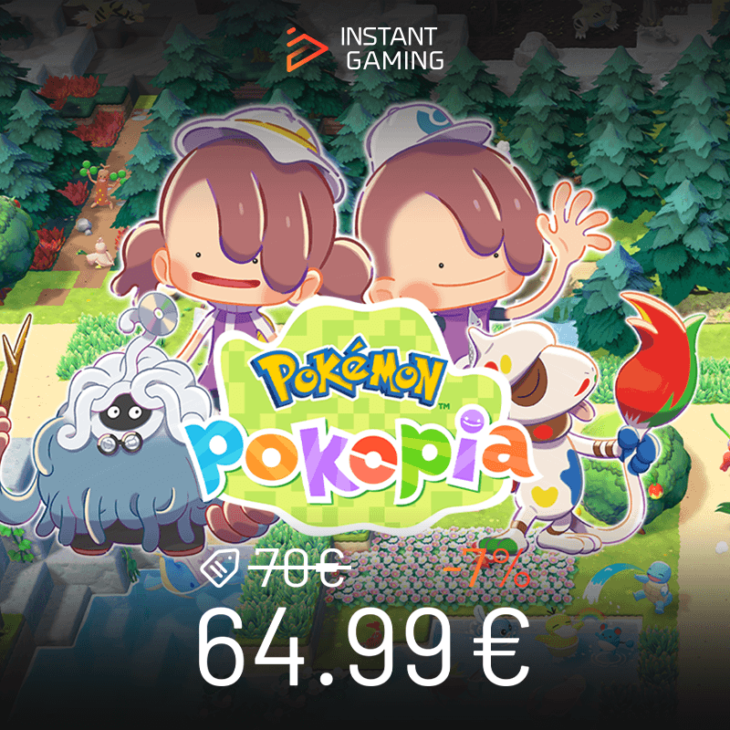 Pokémon Pokopia jaquette officielle avec prix Instant Gaming 64.99€, jeu Pokémon relaxant et créatif dans un village rempli de Pokémon sur Nintendo Switch