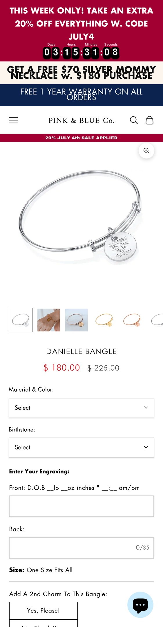 Jewelry product options include: bracelet, birthstone for Danielle Bangle from Pink & Blue Co..