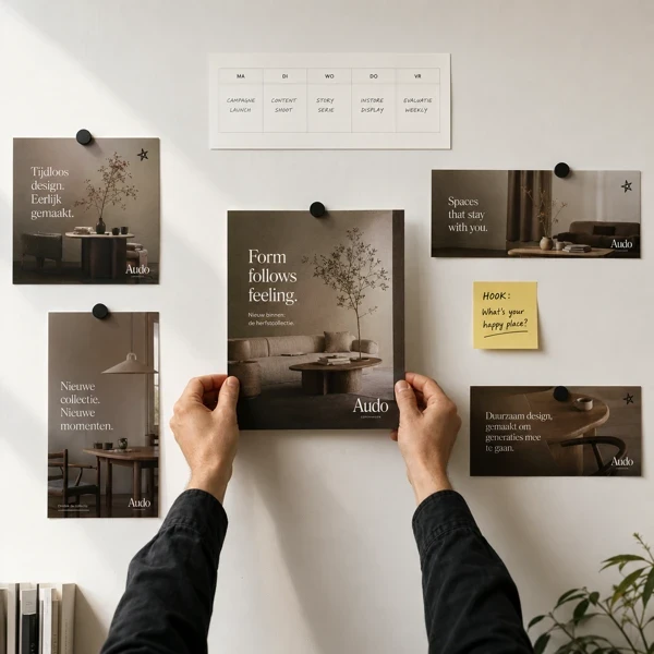 Handen houden designcards vast met Audo-branding op muur met interieurfoto's