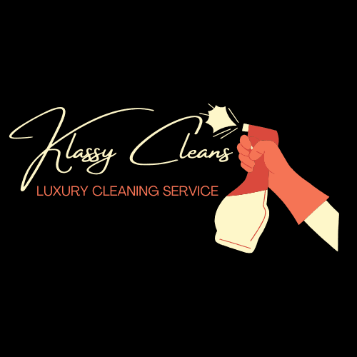 Black Cleaning Company logo with a cleaning pros hand spraying a bottle on words that say Klassy Cleans LLC