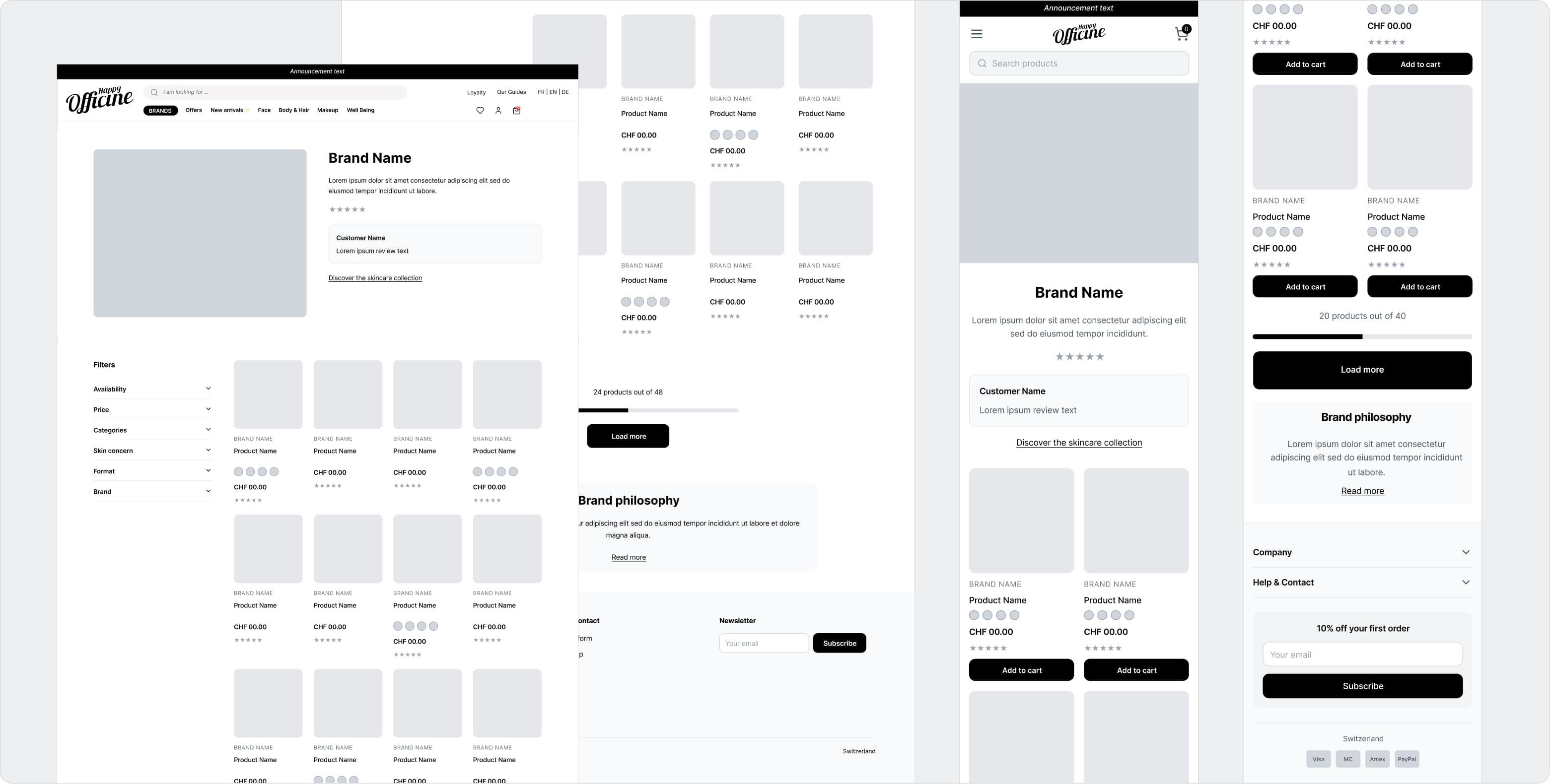 Responsive brand page and product listing interface for Happy Officine marketplace showing filters, product grid, and mobile layout
