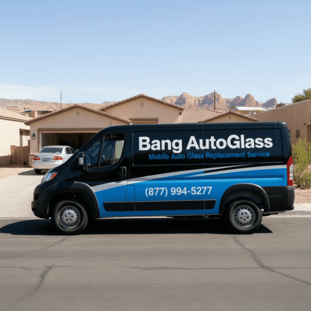 Bang AutoGlass company van pulled up to a Cottonwood, AZ home with red rock mountain views for a windshield service call