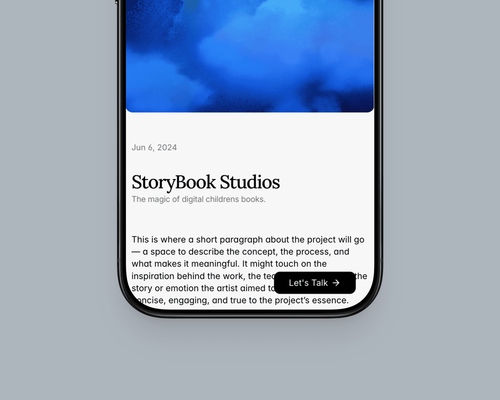 Mobile mockup of The Kudo Studio minimalist website design, showcasing clean typography and a no-code web design layout.