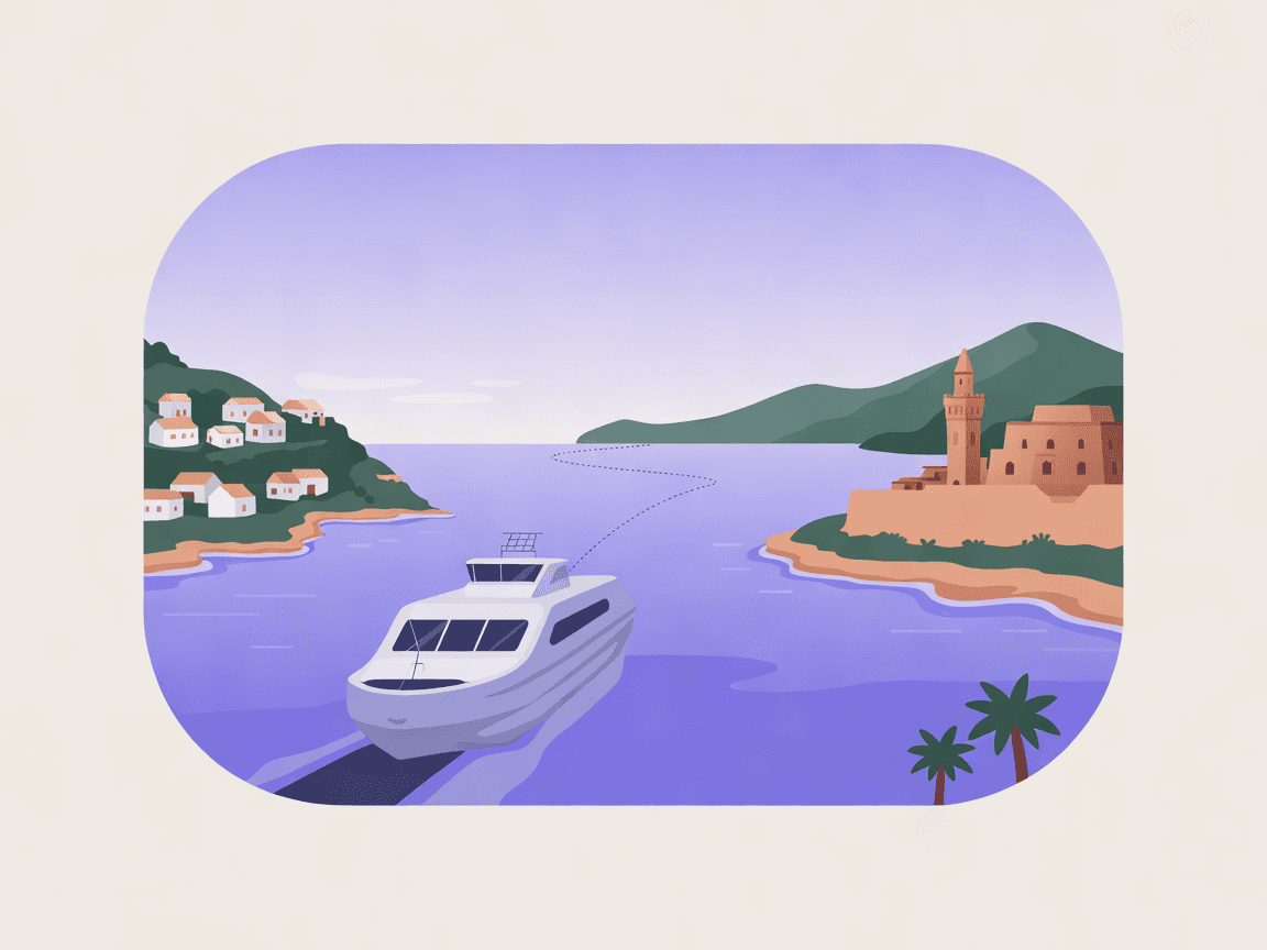 A ferry crossing between two coastlines, one with a white Andalusian town and one with a Moroccan kasbah, a single dotted path linking them, in the Umi style