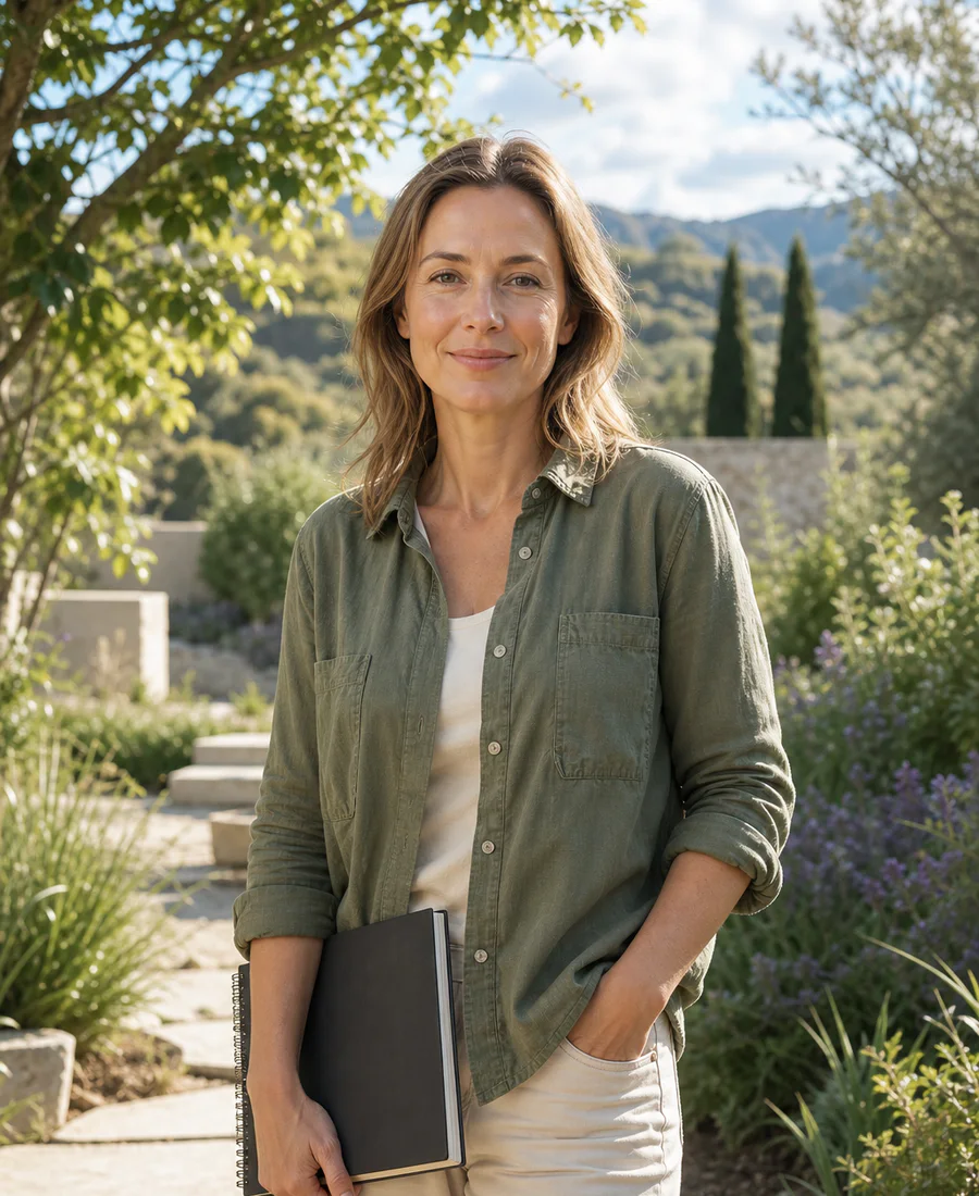 Stefanie, a European garden designer, standing in a bright planted garden