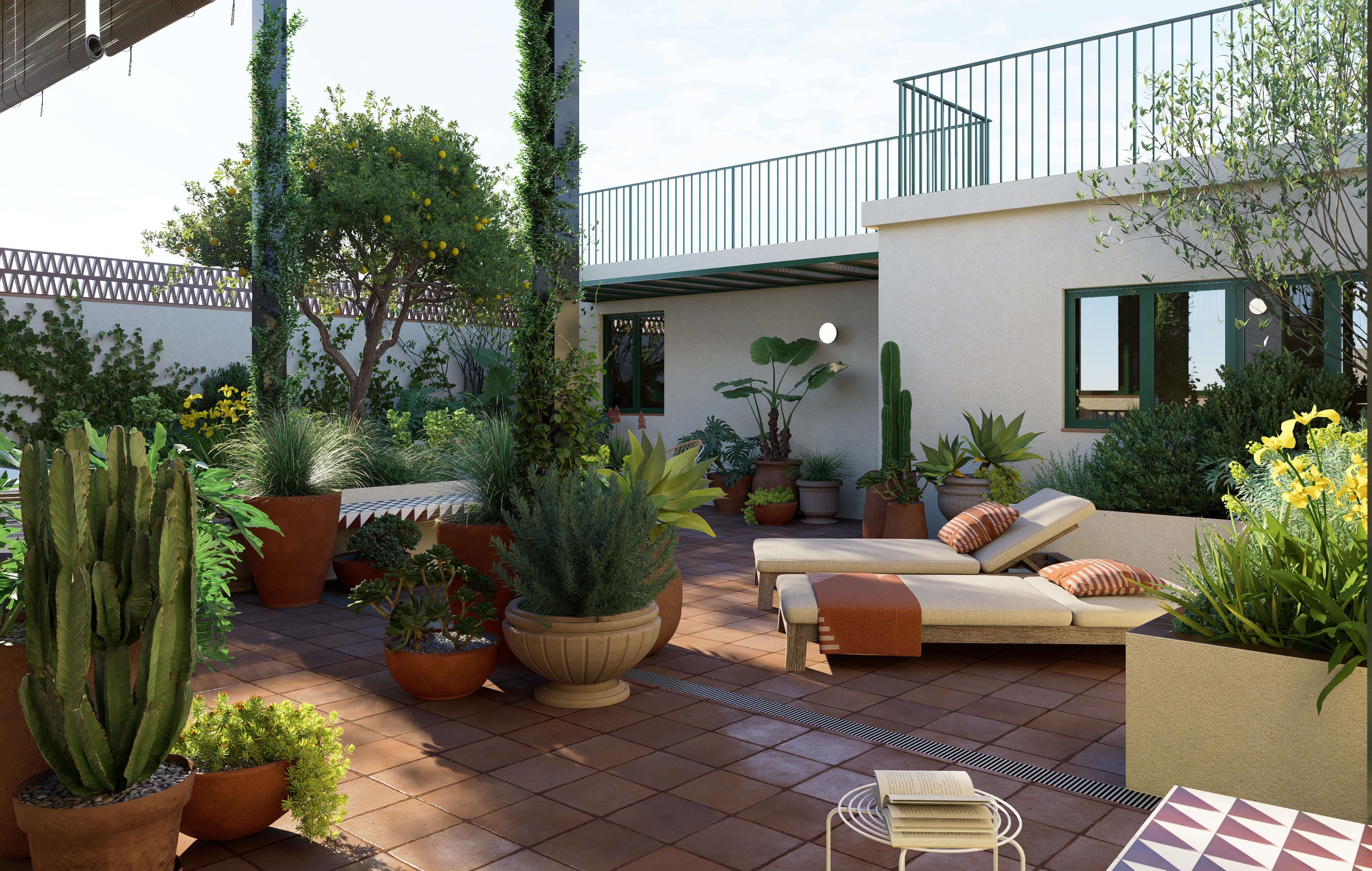 Contemporary Mediterranean courtyard garden with lemon tree and outdoor dining area