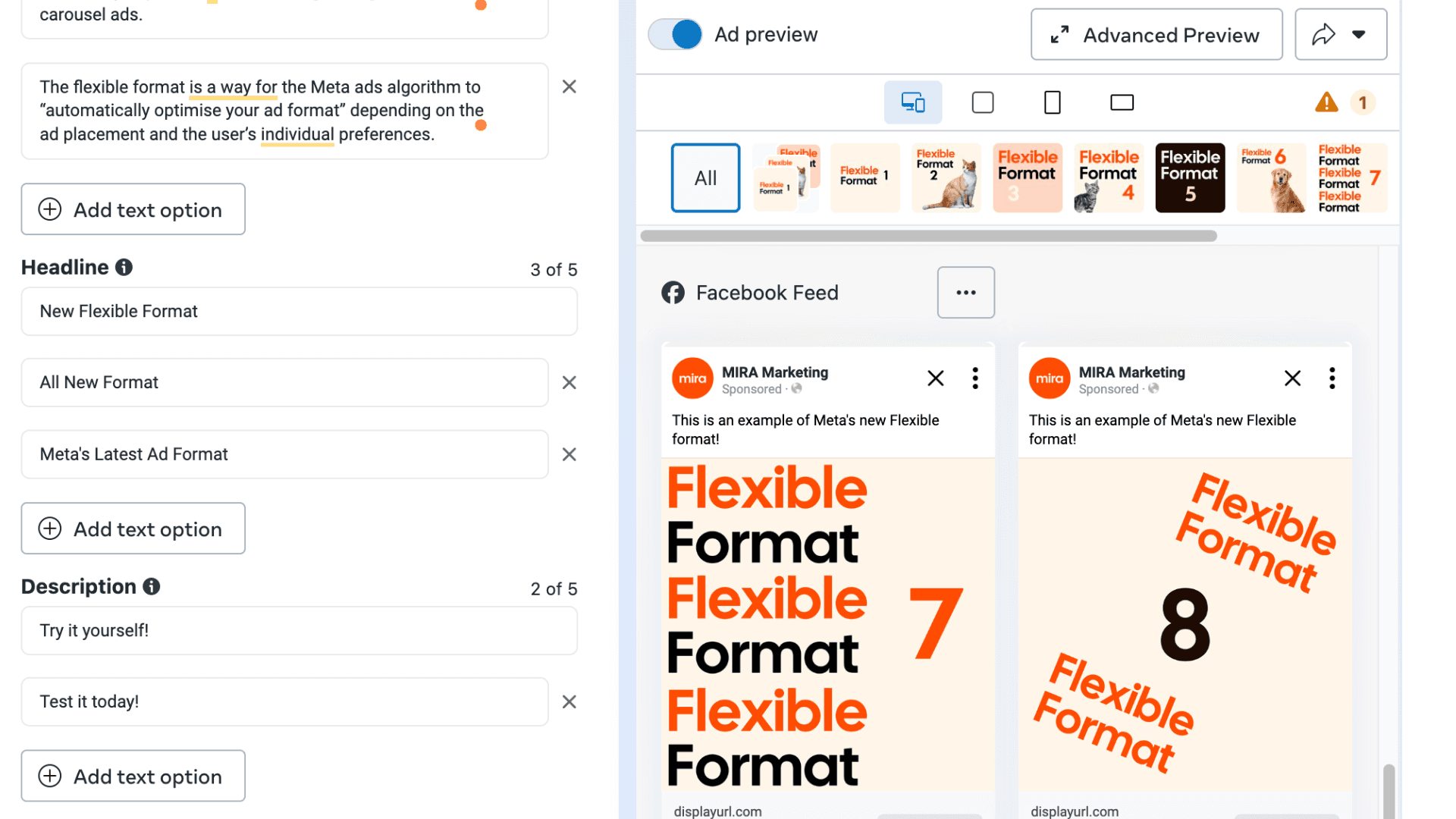 Meta ads setup using the flexible format