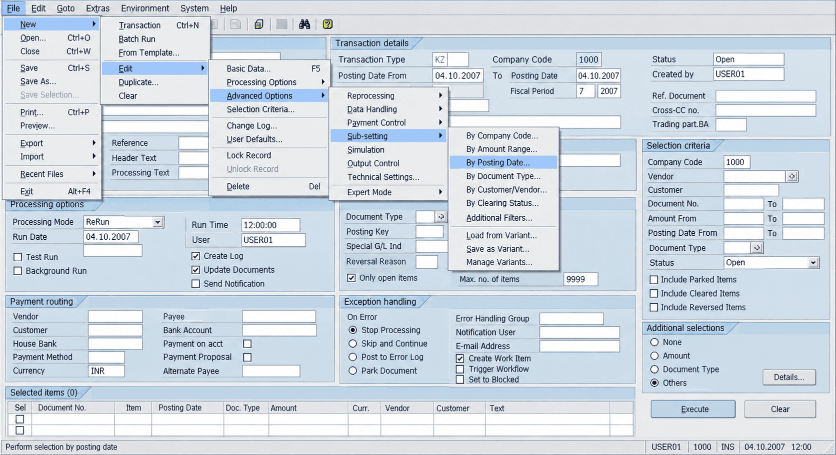 Screenshot of the old ReRun tool showing nested dropdown menus and multiple open tabs