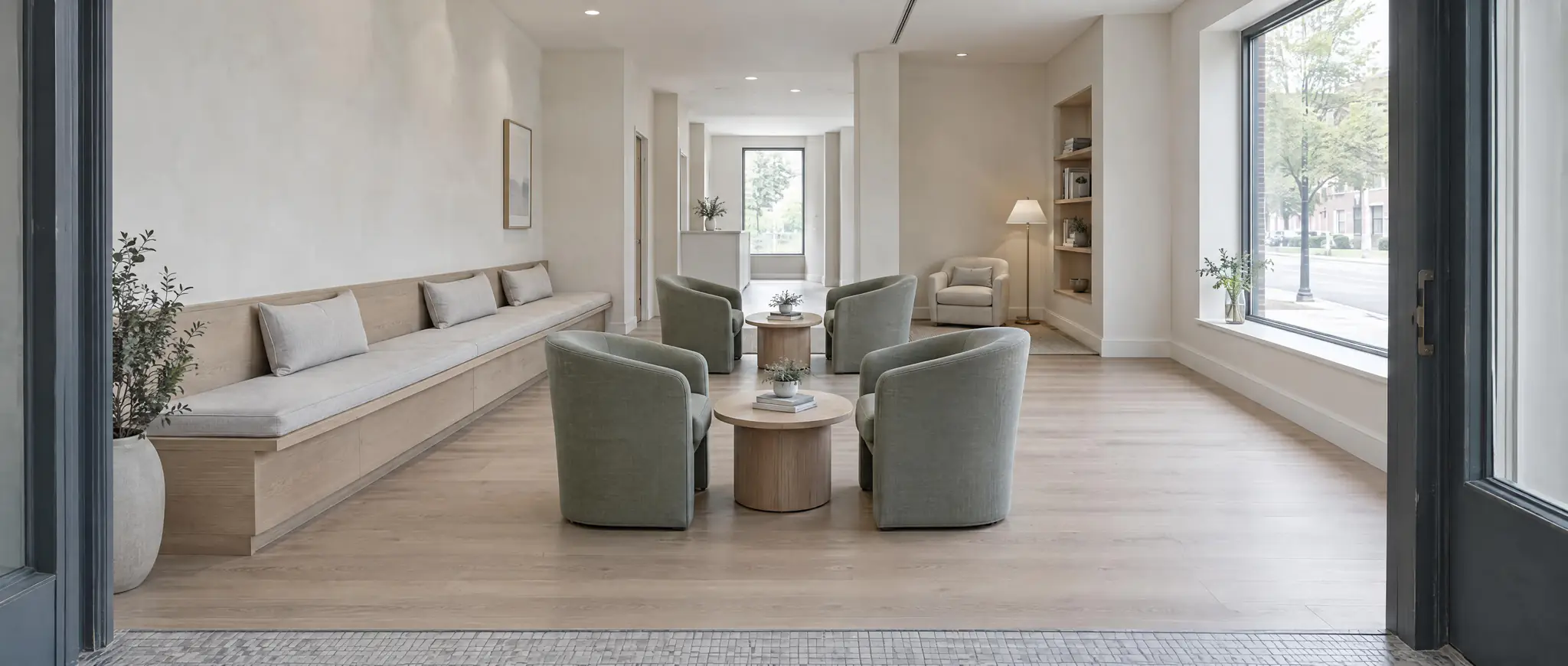 Seward Clinic waiting room with a built-in bench and lounge chairs