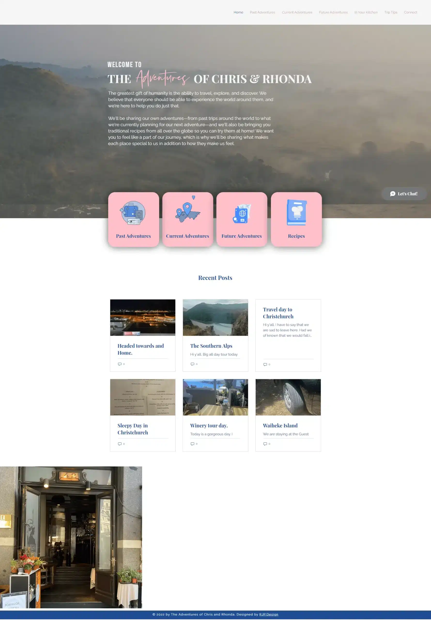 The Adventures of Chris and Rhonda website design preview – travel blog and lifestyle web design by RJP.design Web Design Agency NYC, showcasing global adventures and cultural exploration stories.