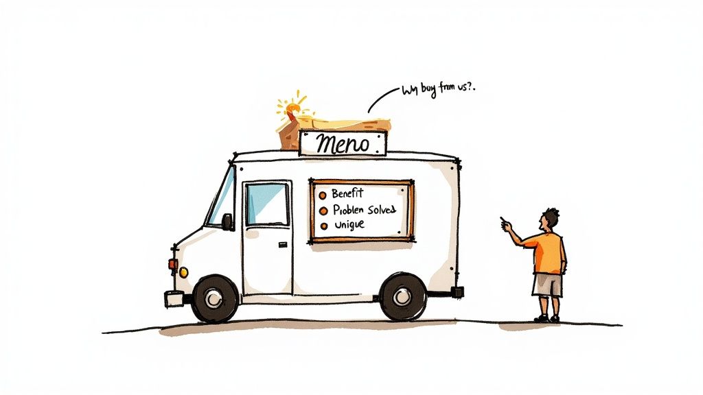 A cartoon food truck with 'Meno' and a sign listing 'Benefit, Problem Solved, Unique' to answer 'Why buy from us?'.