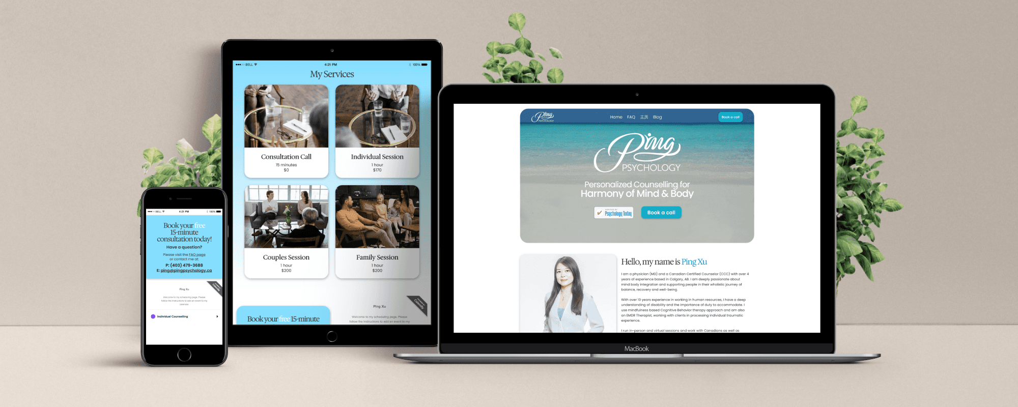 website mockup shown on Mac, IPad and IPhone on top of light surface