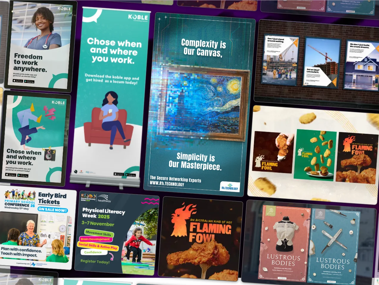 A collage of various branding(logos), posters and images, featuring vibrant designs and diverse themes.