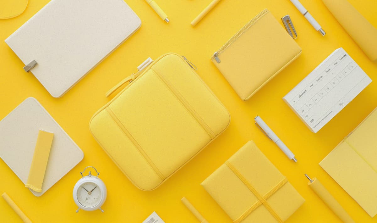 A yellow and white flat lay of various business items including a briefcase, pens, a notebook and a clock