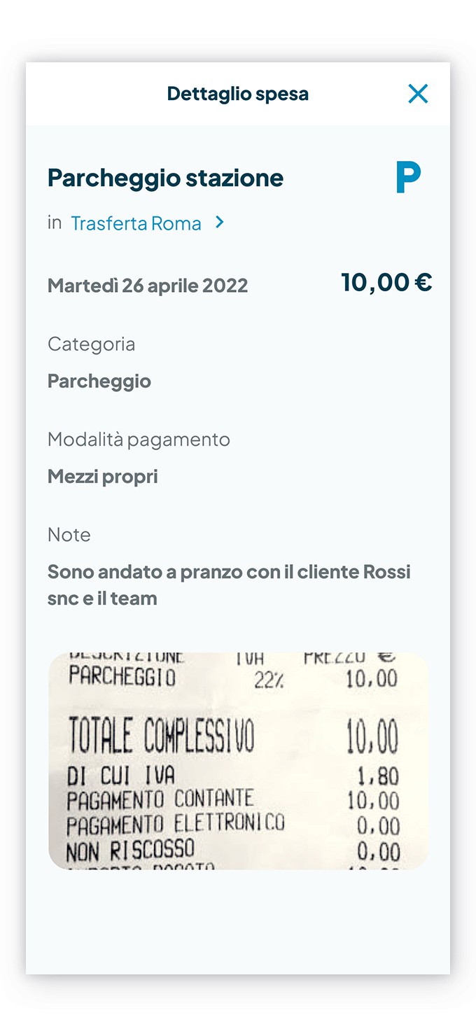 Schermata di Fluida con dettaglio dei campi compilati una volta che è stata scattata la foto allo scontrino come data, categoria, modalità di pagamento