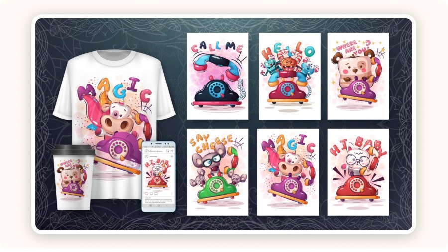 Visuel de produits personnalisés en print on demand (t-shirt, gobelet, affiches, réseaux sociaux) avec des dessins amusants de téléphones rétro et d’animaux cartoon, illustrant la variété et la créativité possibles avec le modèle POD.