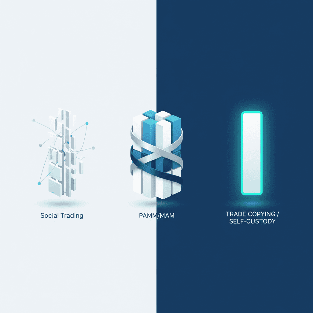 Minimalist geometric depiction of trading models: fragmented (social), clustered (PAMM/MAM), glowing autonomous (Copygram)