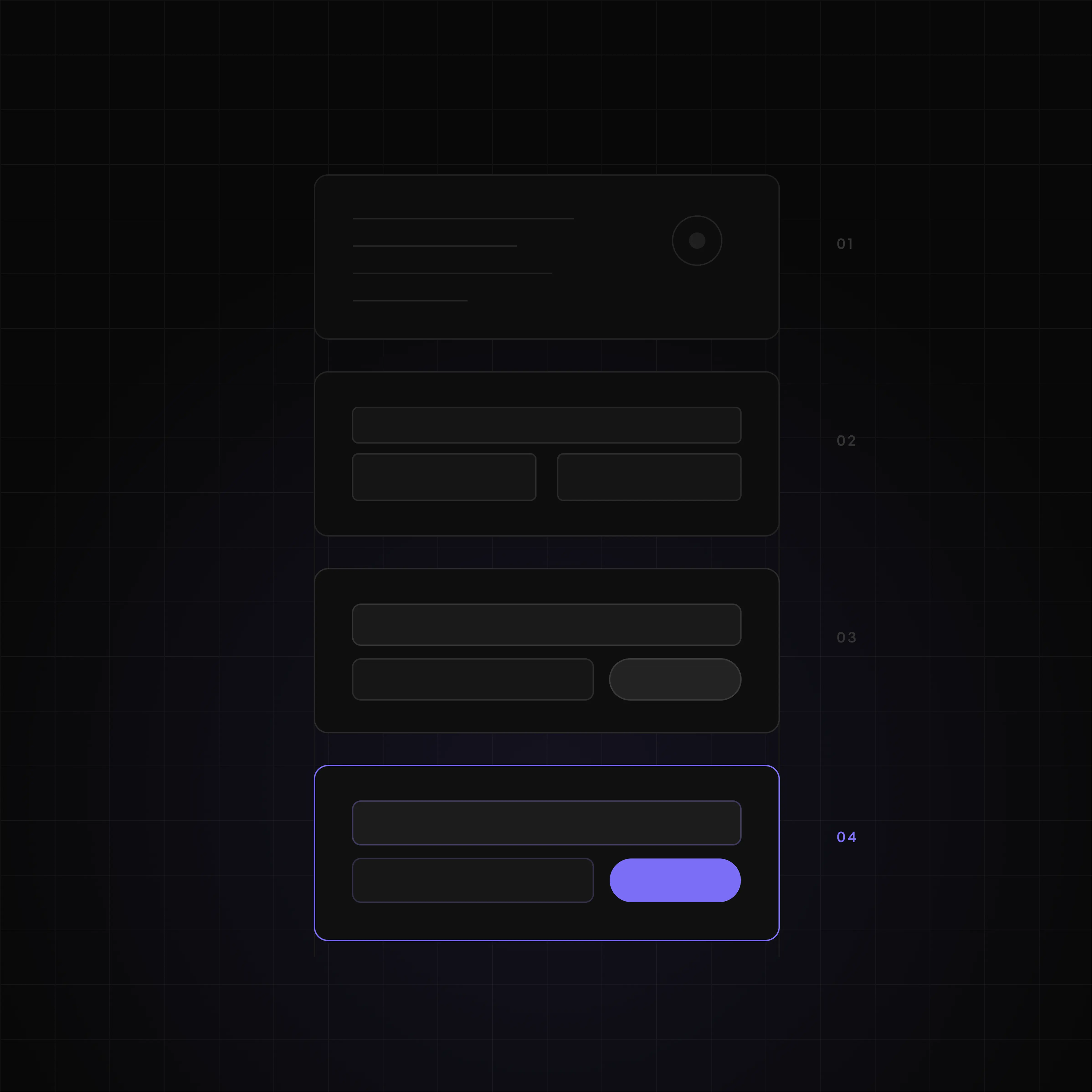Four stacked layers showing what exists at each stage of a redesign — research notes, wireframe blocks, styled design, and the finished live page